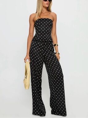 Princess Polly Black & White Polka Dot Strapless Wide-Leg Jumpsuit
